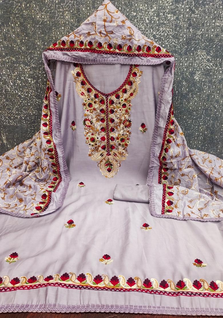 Lavender Embroidered Silk Kurta Set - Indya