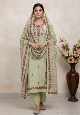 Olive Green Embroidered Silk Kurta Set