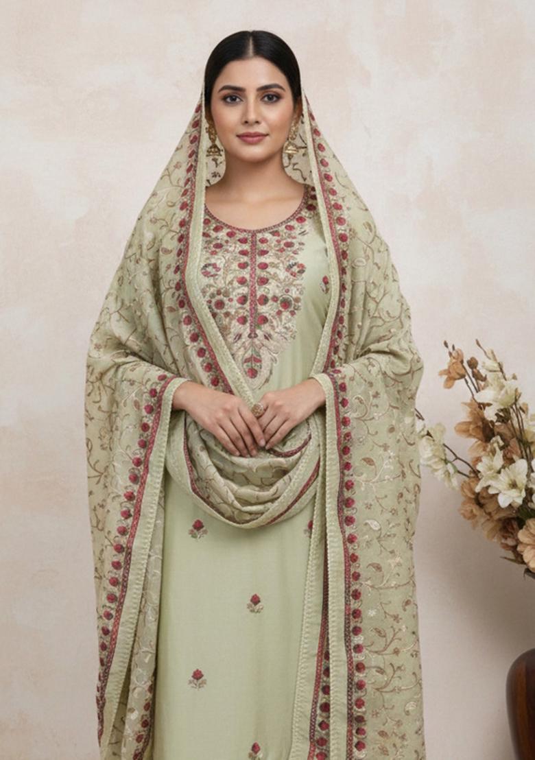 Olive Green Embroidered Silk Kurta Set - Indya