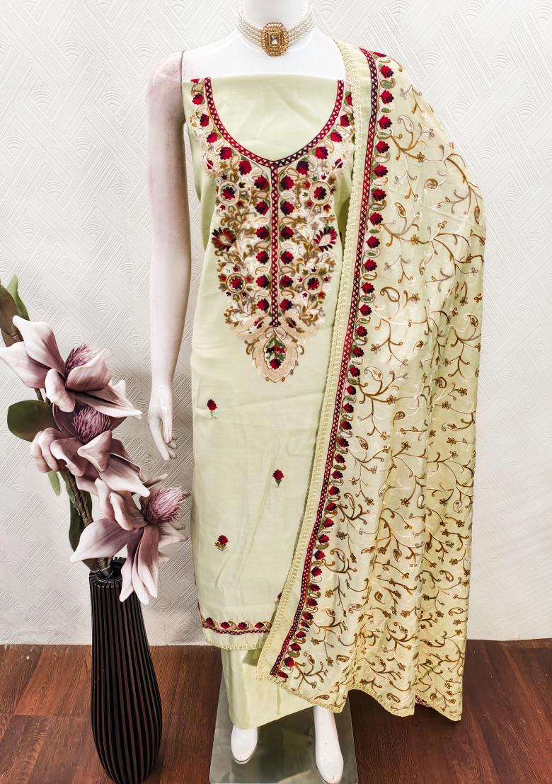 Olive Green Embroidered Silk Kurta Set - Indya
