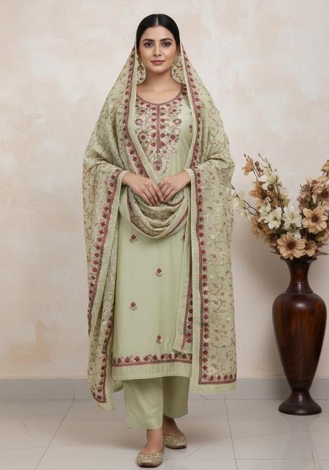 Olive Green Embroidered Silk Kurta Set