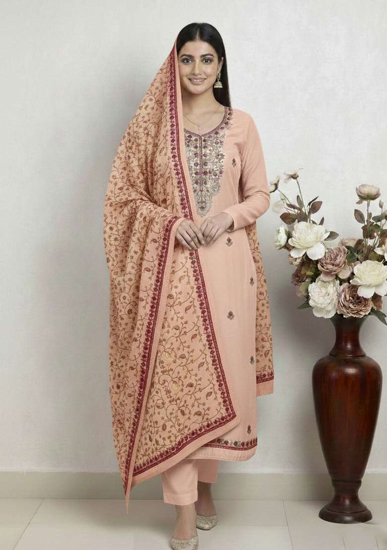 Peach Embroidered Silk Kurta Set - Indya
