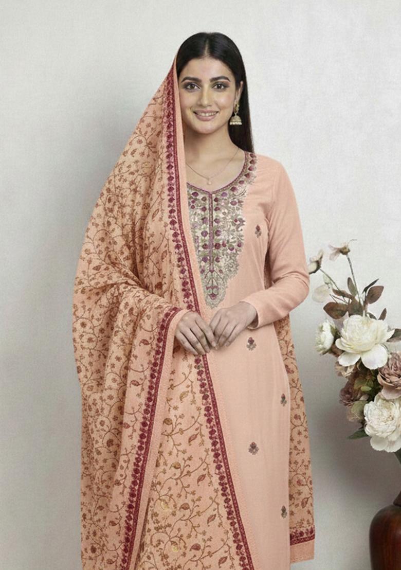 Peach Embroidered Silk Kurta Set - Indya