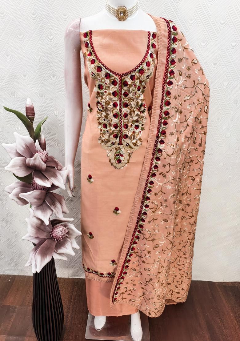Peach Embroidered Silk Kurta Set - Indya