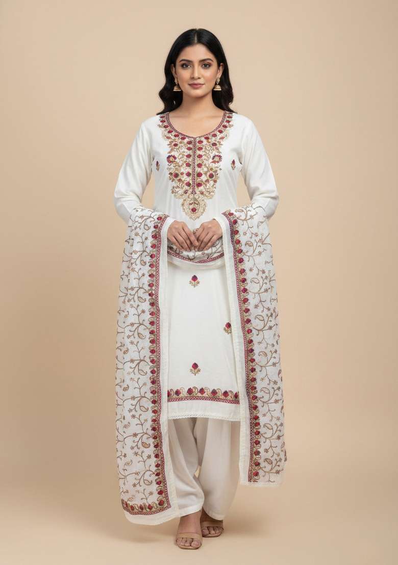 White Embroidered Silk Kurta Set - Indya