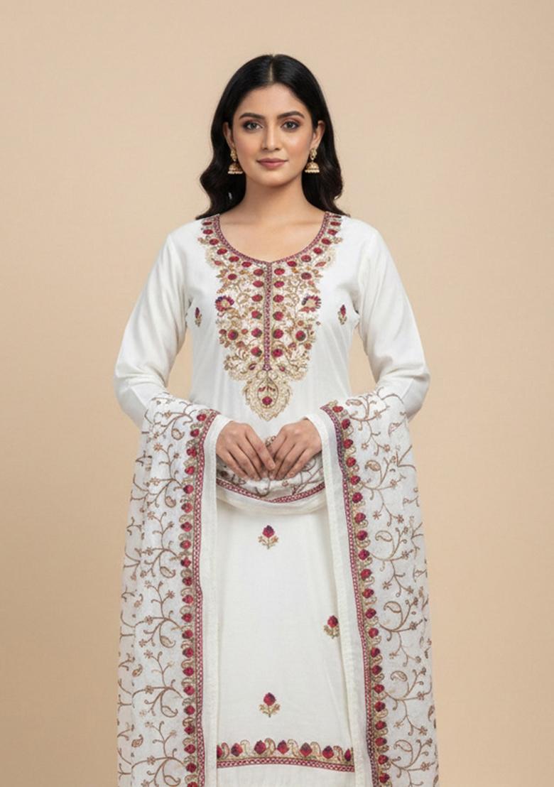 White Embroidered Silk Kurta Set - Indya