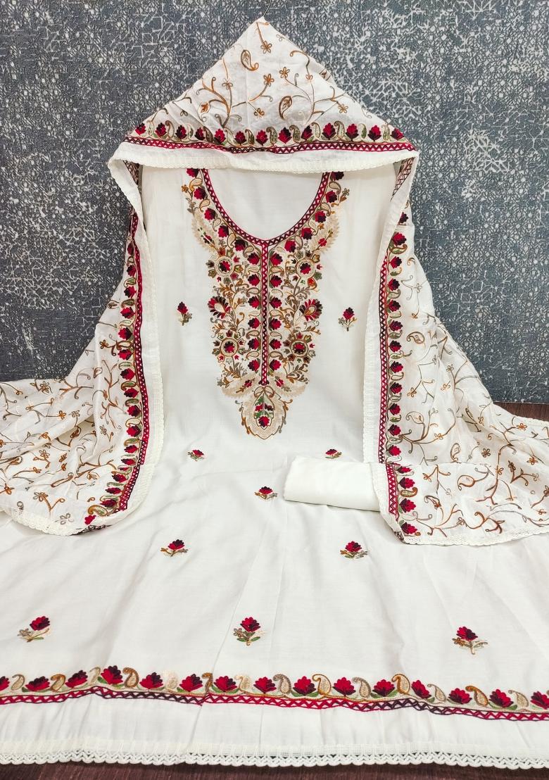 White Embroidered Silk Kurta Set - Indya
