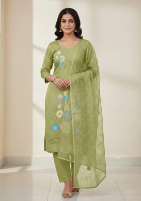 Green Embroidered Silk Kurta Set
