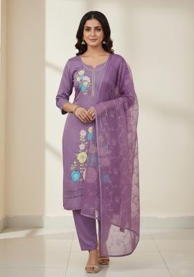Lavender Embroidered Silk Kurta Set