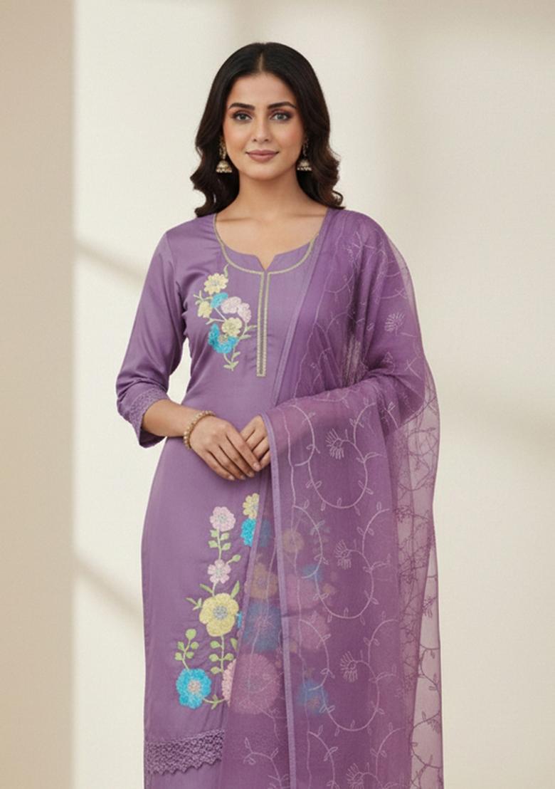 Lavender Embroidered Silk Kurta Set - Indya