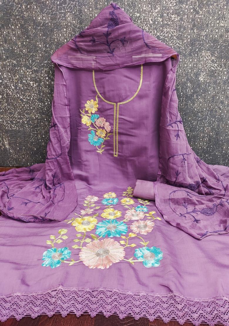 Lavender Embroidered Silk Kurta Set - Indya