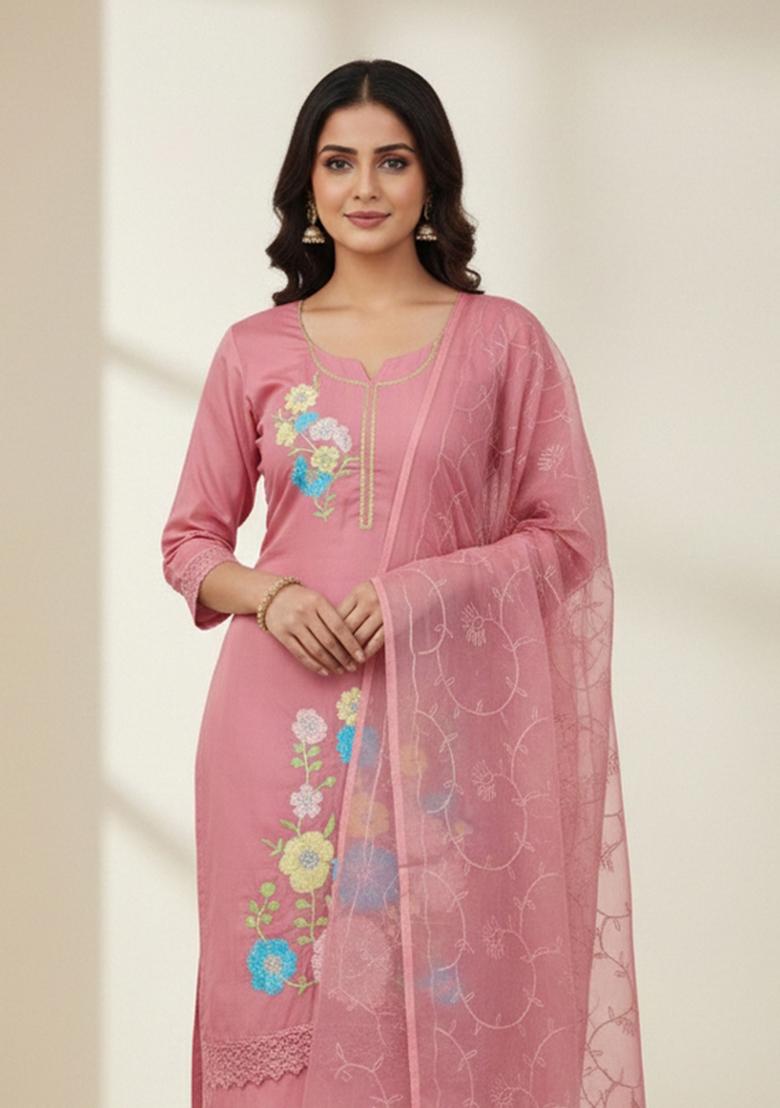 Pink Embroidered Silk Kurta Set - Indya