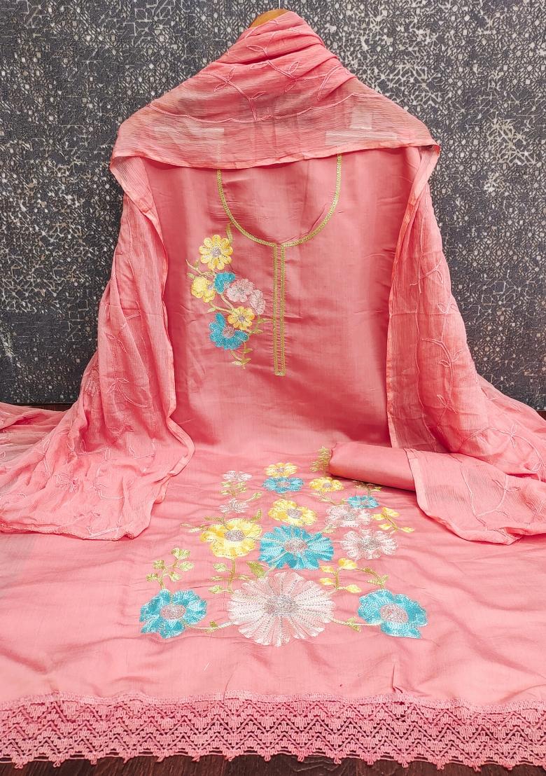 Pink Embroidered Silk Kurta Set - Indya