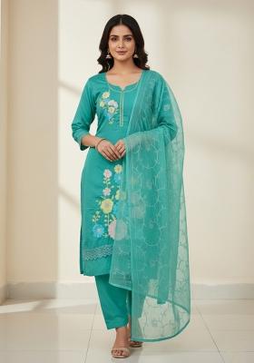 Sea Green Embroidered Silk Kurta Set