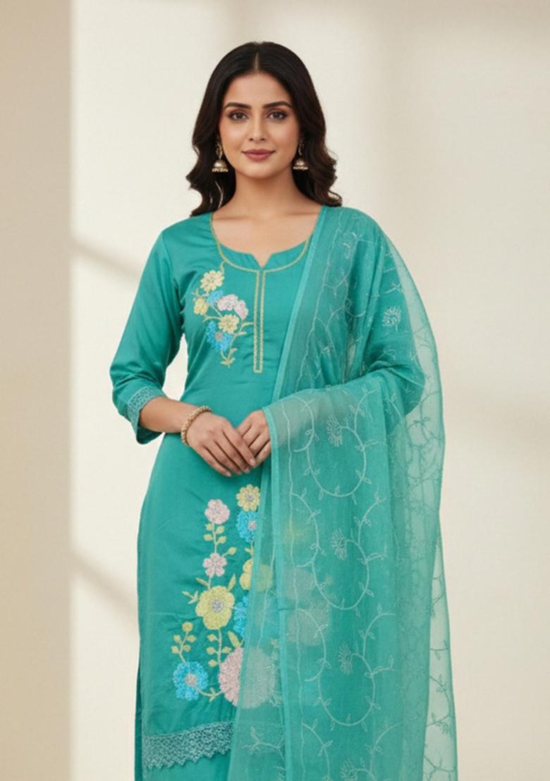 Sea Green Embroidered Silk Kurta Set - Indya