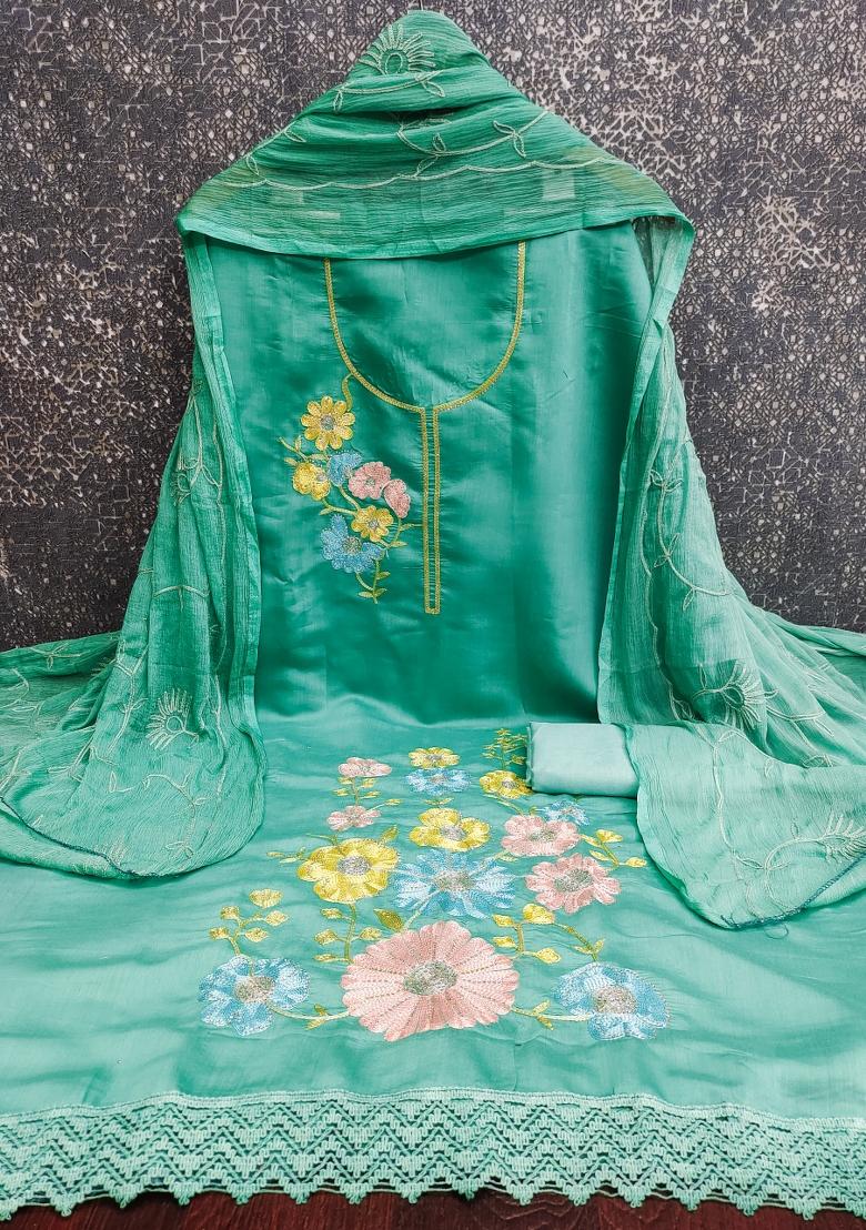 Sea Green Embroidered Silk Kurta Set - Indya