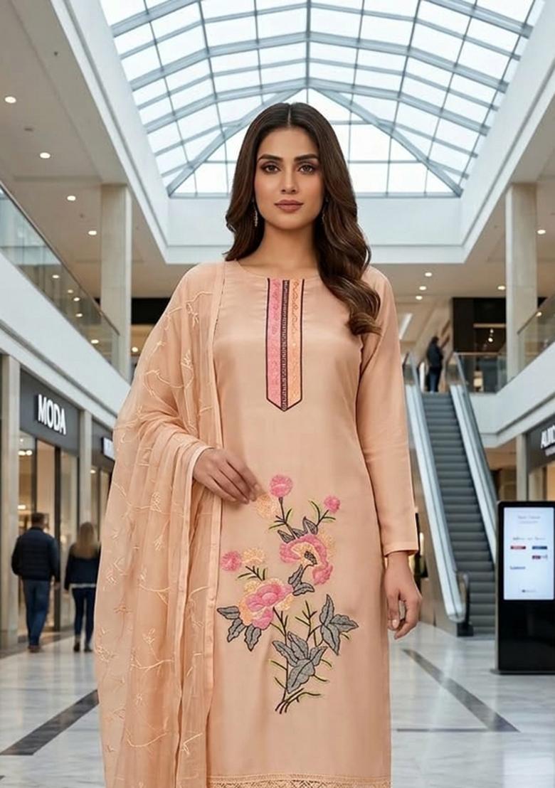 Peach Embroidered Silk Kurta Set - Indya