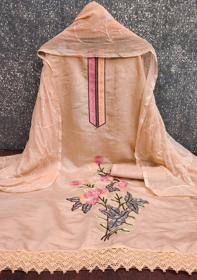 Peach Embroidered Silk Kurta Set - Indya