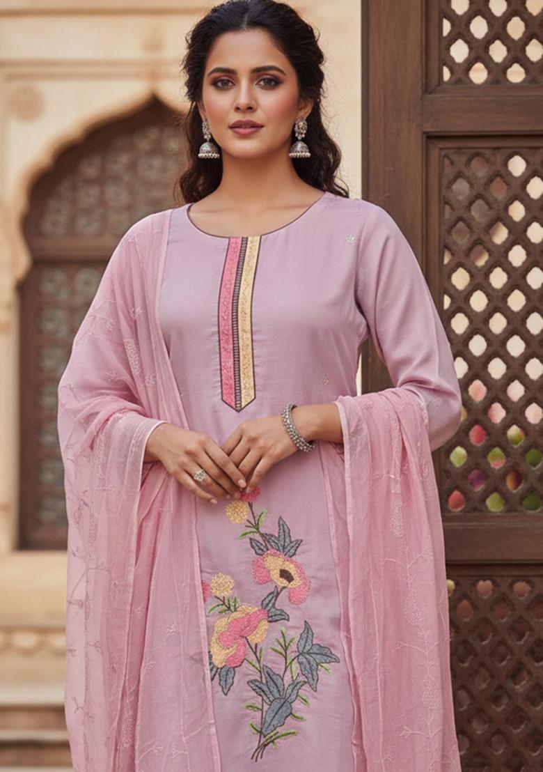 Pink Embroidered Silk Kurta Set - Indya