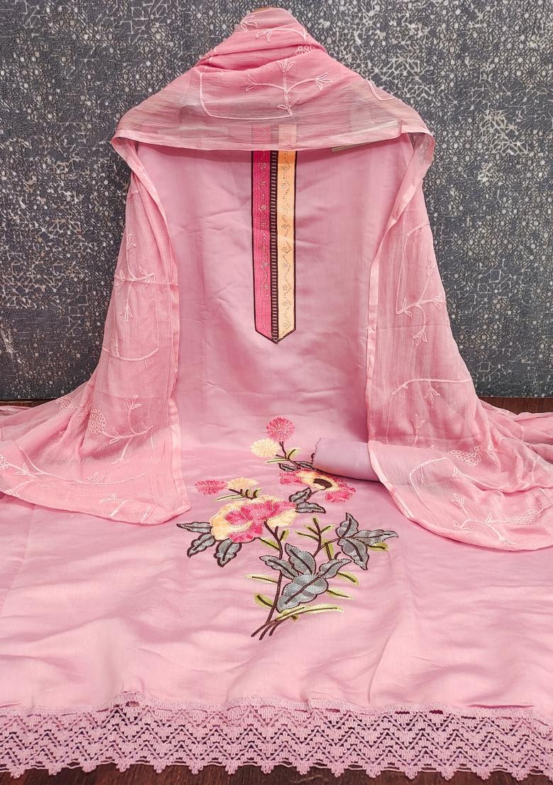 Pink Embroidered Silk Kurta Set - Indya