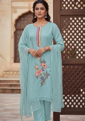 Sea Green Embroidered Silk Kurta Set