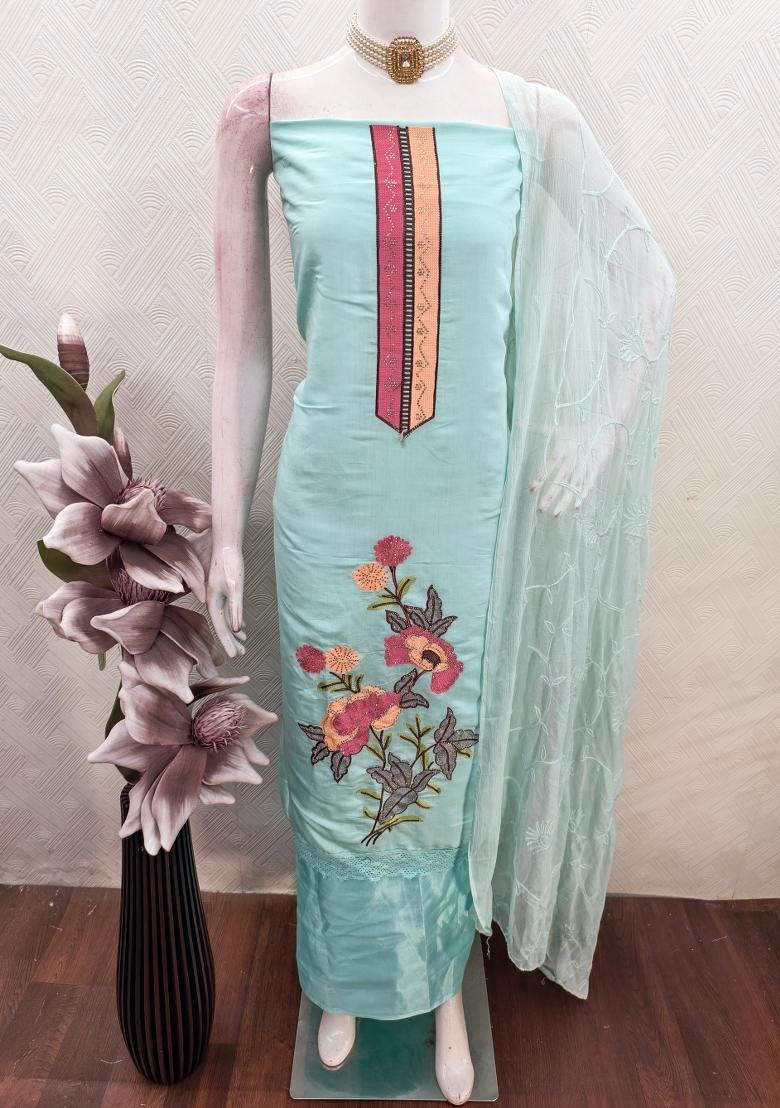 Sea Green Embroidered Silk Kurta Set - Indya
