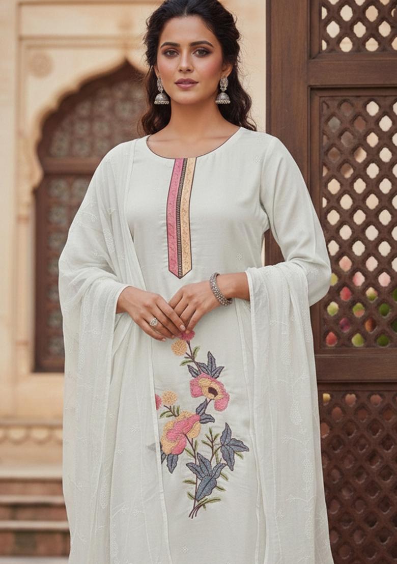 White Embroidered Silk Kurta Set - Indya
