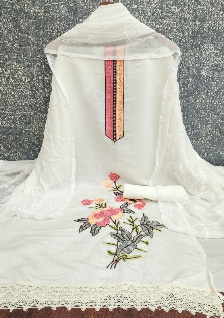 White Embroidered Silk Kurta Set - Indya