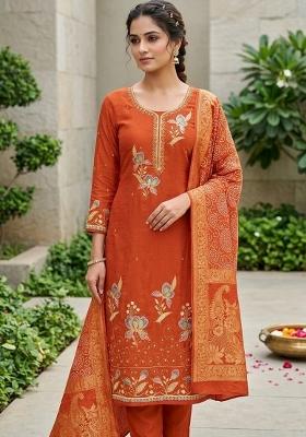 Rust Embroidered Georgette Kurta Set