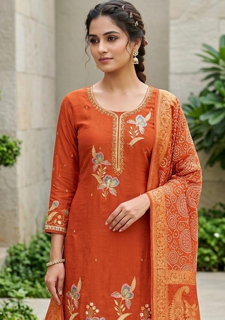 Rust Embroidered Georgette Kurta Set - Indya