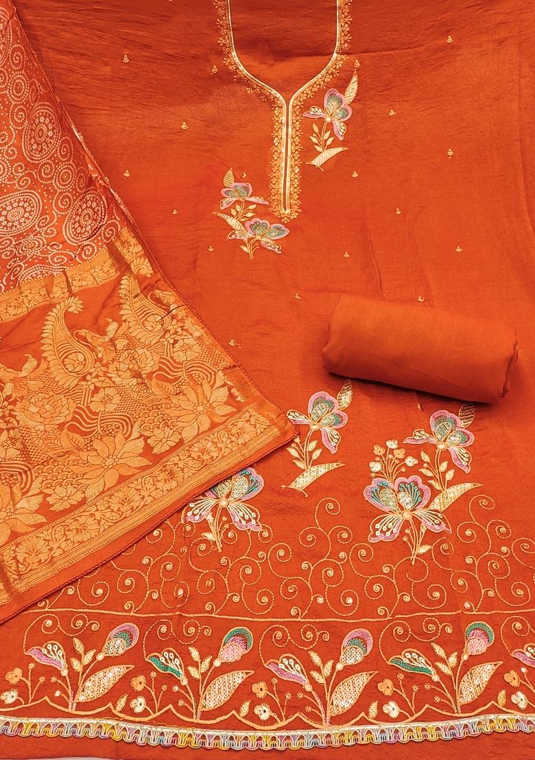 Rust Embroidered Georgette Kurta Set - Indya