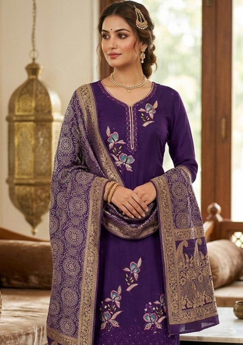 Purple Embroidered Georgette Kurta Set - Indya