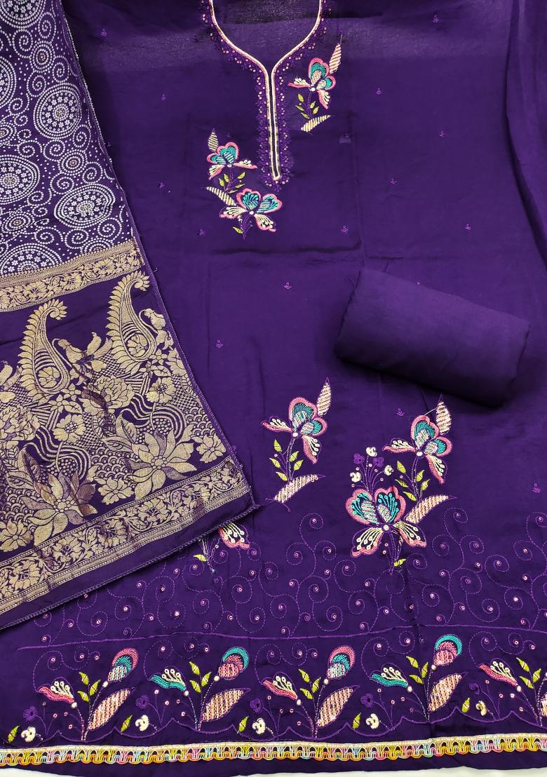 Purple Embroidered Georgette Kurta Set - Indya