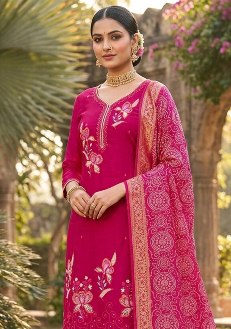Magenta Embroidered Georgette Kurta Set - Indya
