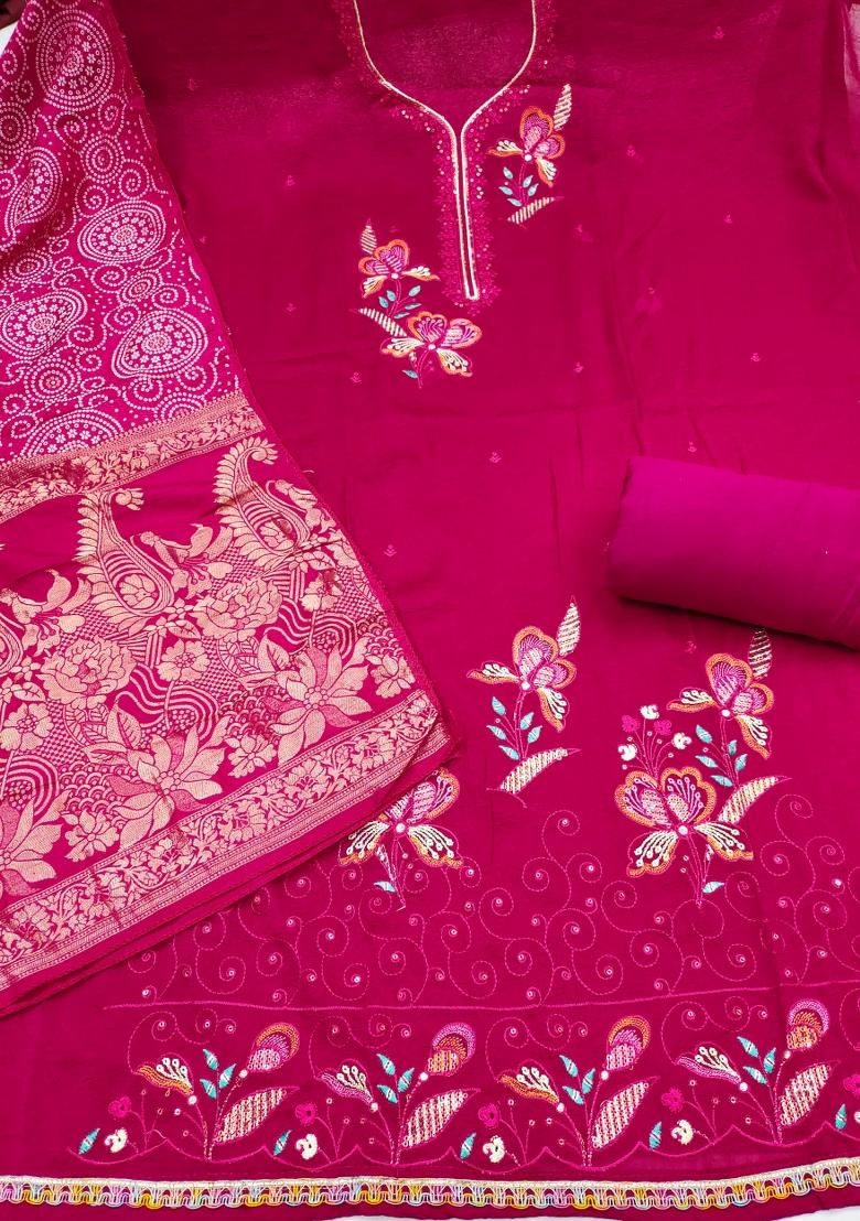 Magenta Embroidered Georgette Kurta Set - Indya