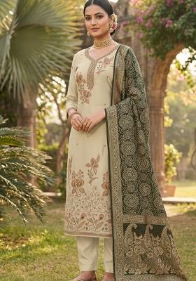 Beige Printed Silk Kurta Set
