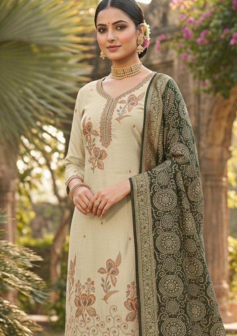 Beige Printed Silk Kurta Set - Indya