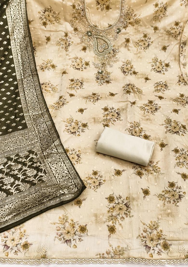 Beige Printed Silk Kurta Set - Indya