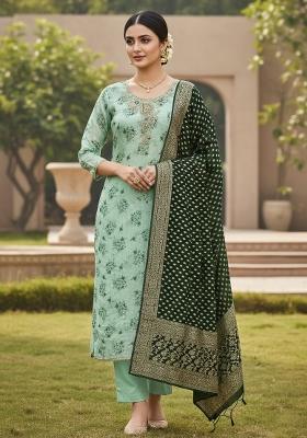 Sea Green Printed Silk Kurta Set