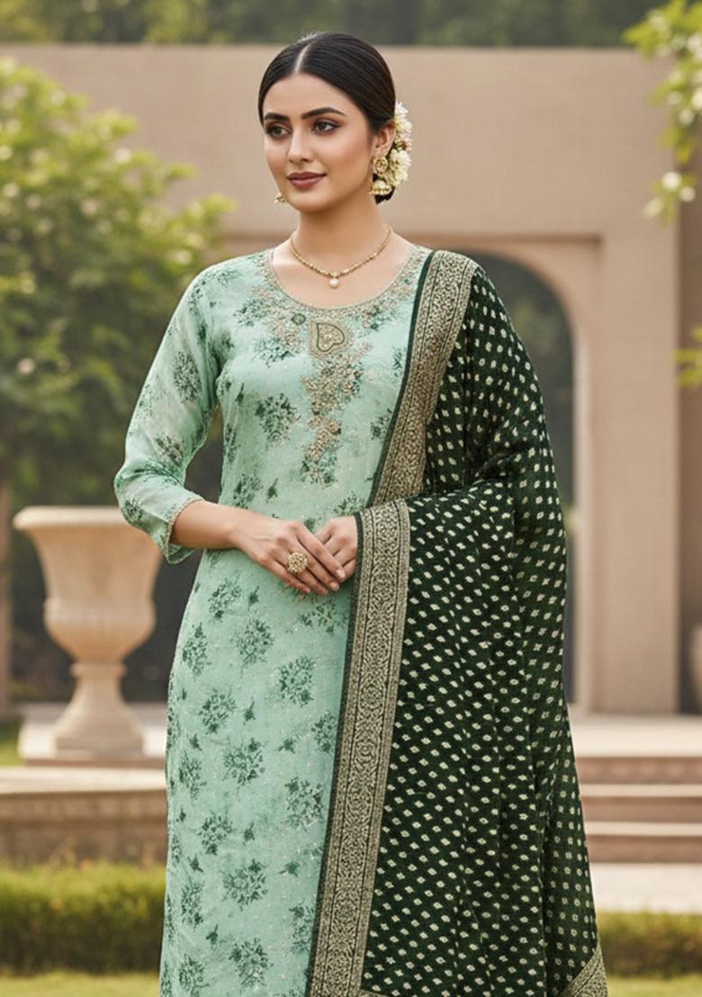 Sea Green Printed Silk Kurta Set - Indya