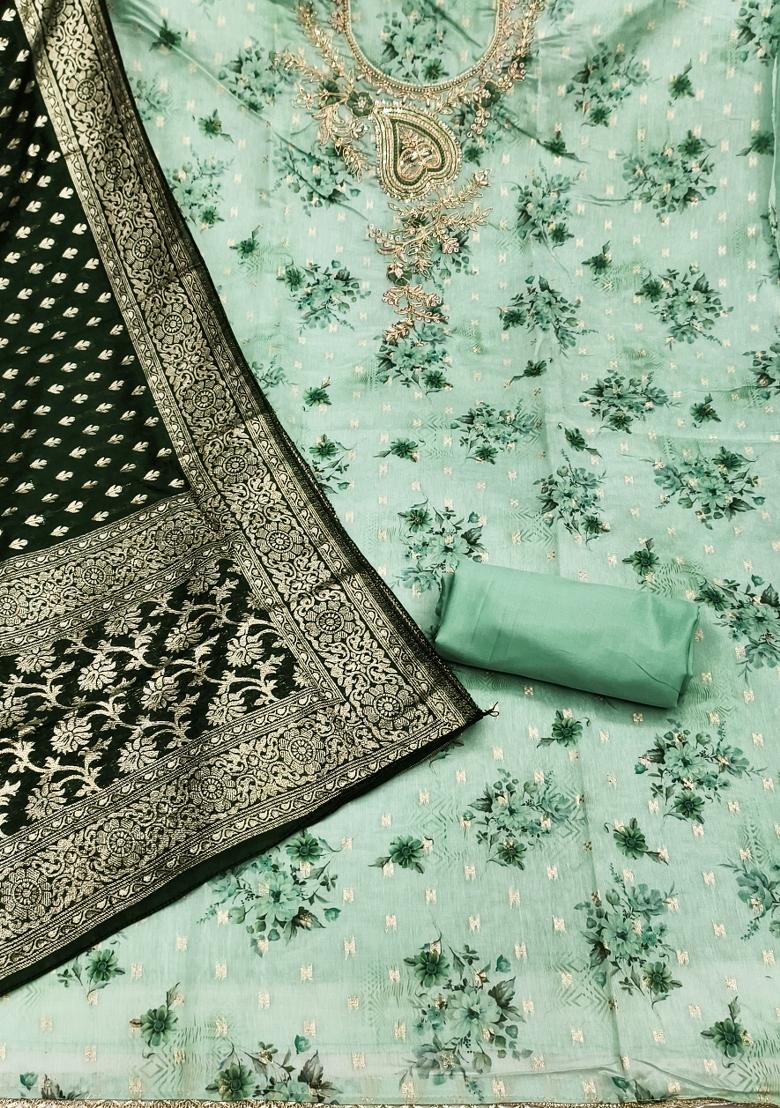 Sea Green Printed Silk Kurta Set - Indya