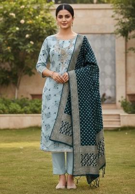 Light Blue Printed Silk Kurta Set