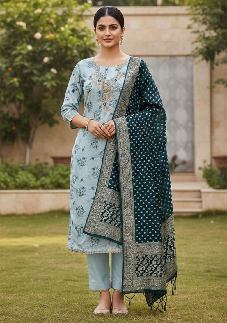Light Blue Printed Silk Kurta Set - Indya