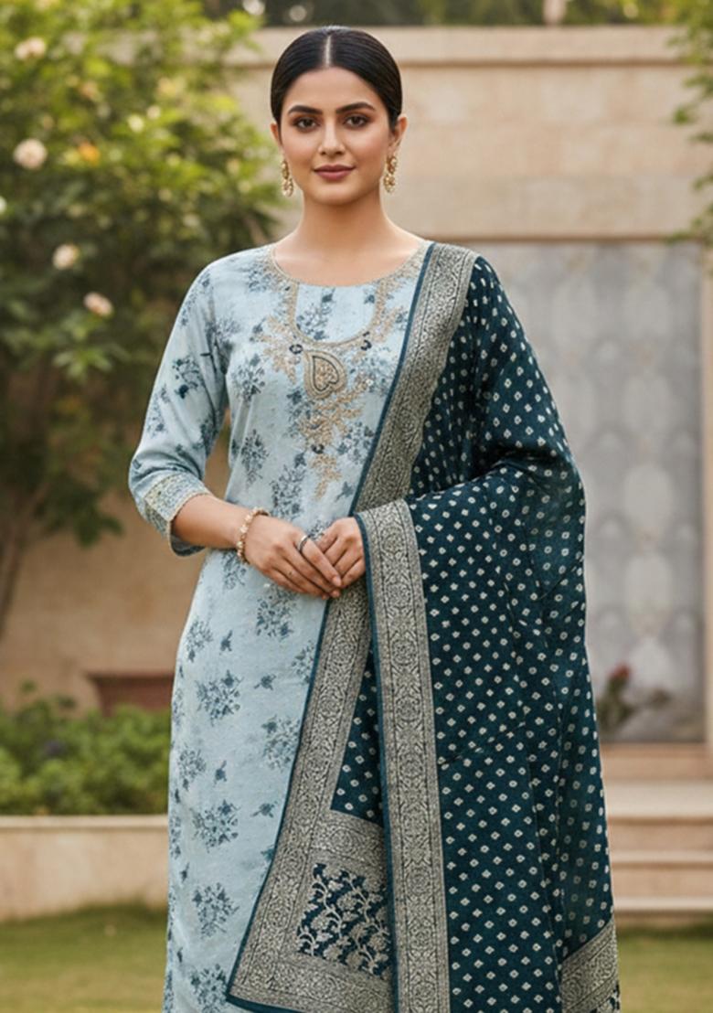 Light Blue Printed Silk Kurta Set - Indya