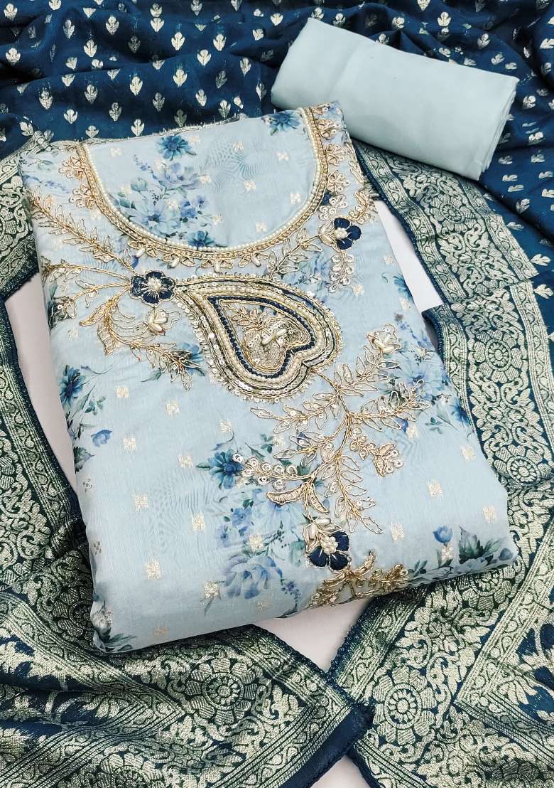 Light Blue Printed Silk Kurta Set - Indya