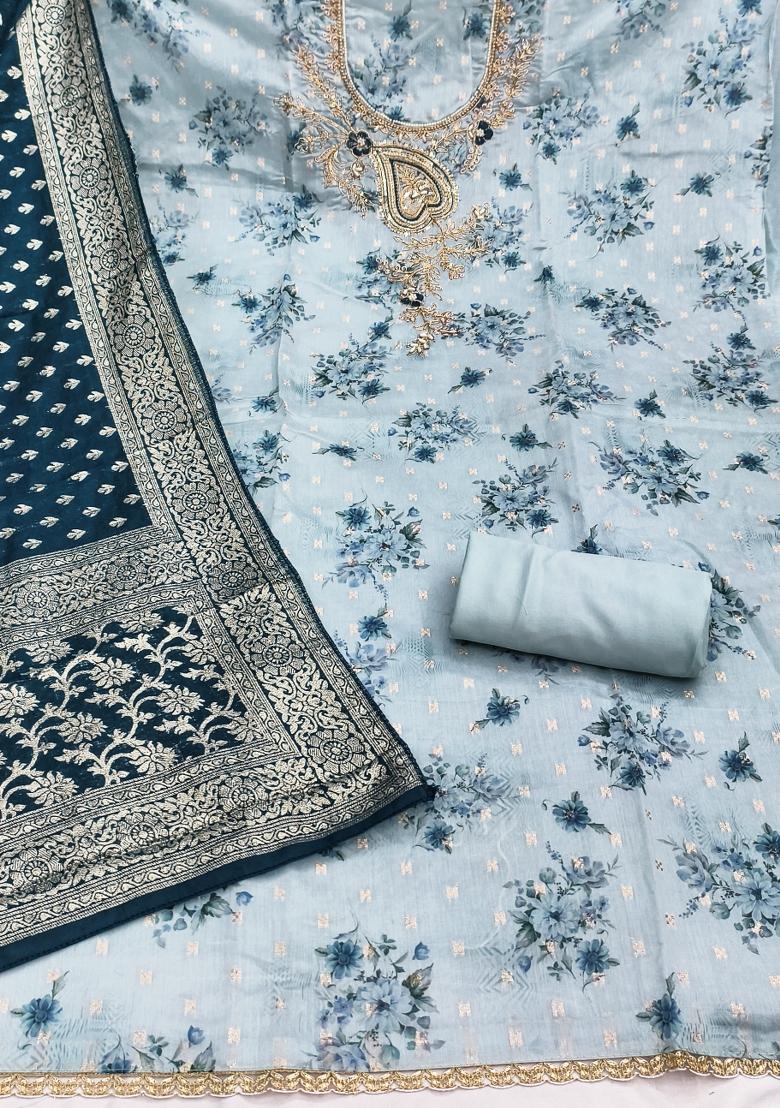 Light Blue Printed Silk Kurta Set - Indya