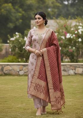 Beige Printed Silk Kurta Set