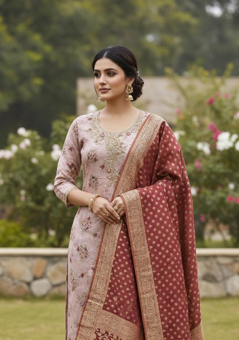 Beige Printed Silk Kurta Set - Indya