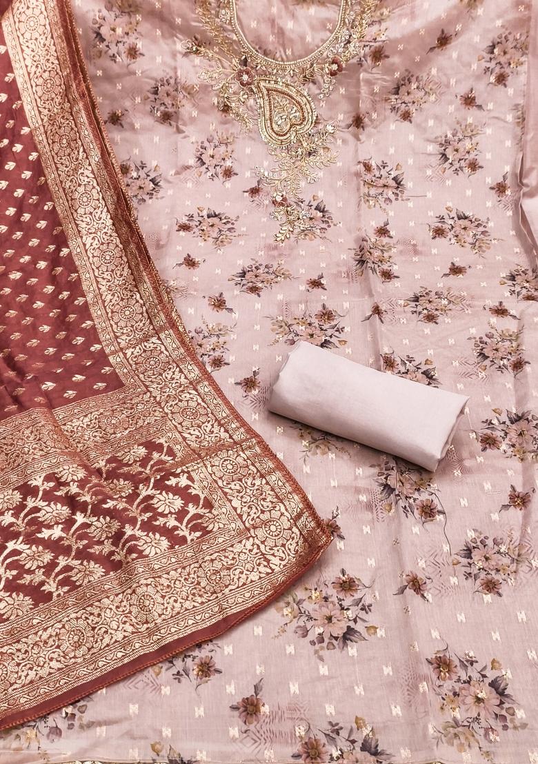 Beige Printed Silk Kurta Set - Indya