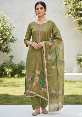 Green Printed Silk Kurta Set